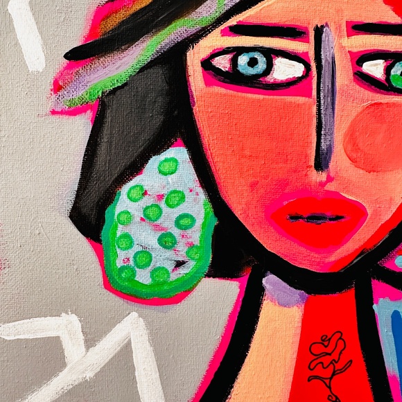 Abstract Lady Face Painting with Rose Tattoo, 12x12 Original Canvas Art OOAK - Picture 5 of 10